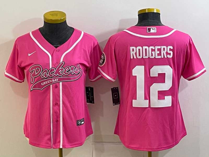 Women%27s Green Bay Packers #12 Aaron Rodgers Pink With Patch Cool Base Stitched Baseball Jersey